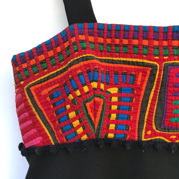 Vtg 70s Colorful Mola Tribal Pom Pom Dress - Picture 6 of 8